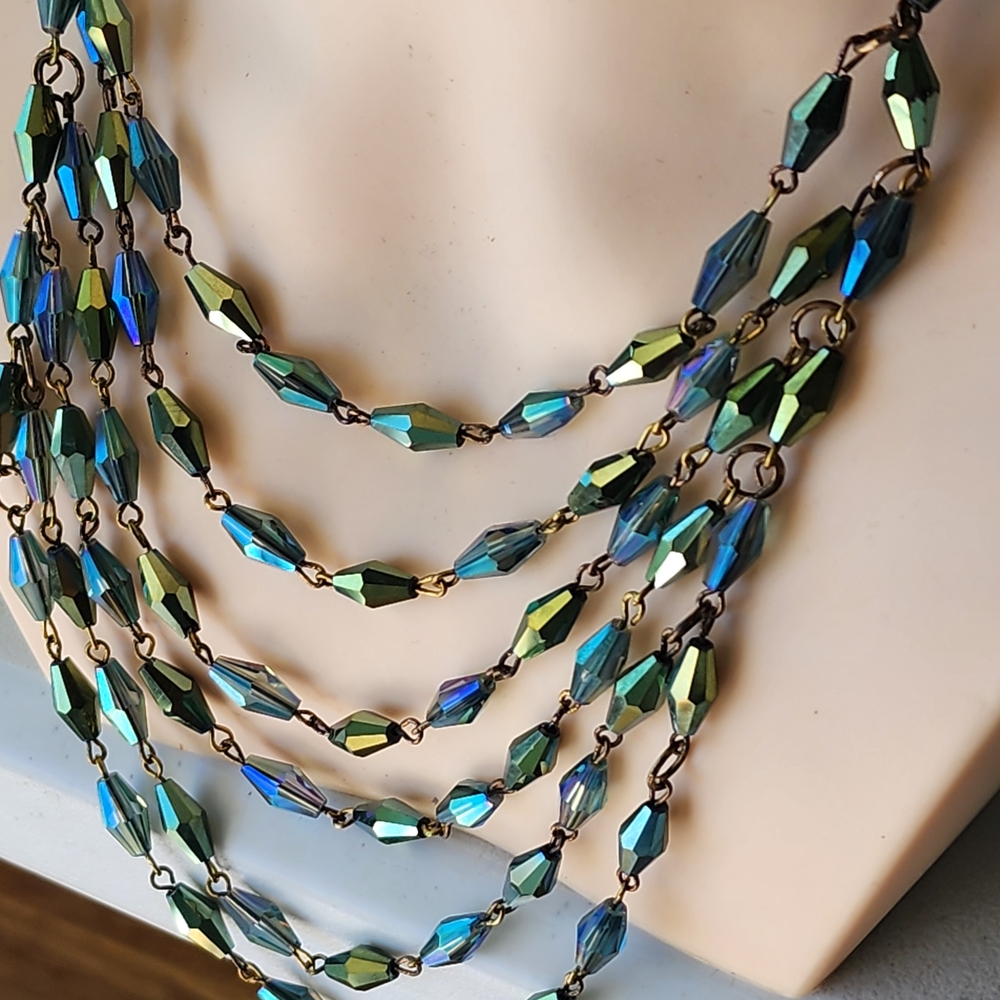 Iridescent Aurora Borealis Glass Multi Strand Beaded Necklace Trending Jewelry